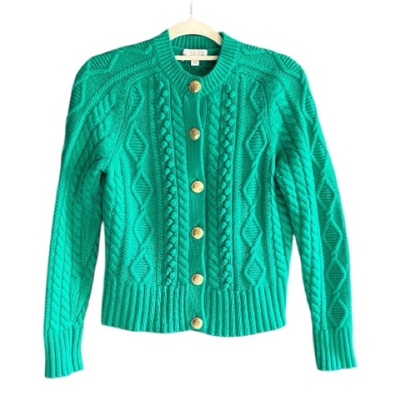 J CREW Cable-Knit Cardigan Sweater Green Lambswool Blend S - Picture 3 of 14